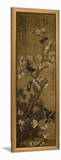 Birds in Flight and Perched on Blossoming Magnolia Branches-null-Framed Premier Image Canvas