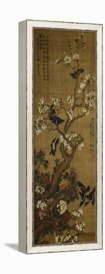 Birds in Flight and Perched on Blossoming Magnolia Branches-null-Framed Premier Image Canvas