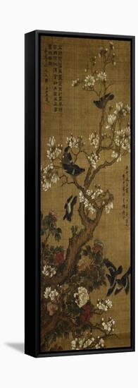 Birds in Flight and Perched on Blossoming Magnolia Branches-null-Framed Premier Image Canvas