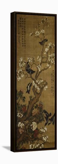 Birds in Flight and Perched on Blossoming Magnolia Branches-null-Framed Premier Image Canvas