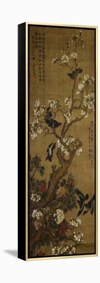 Birds in Flight and Perched on Blossoming Magnolia Branches-null-Framed Premier Image Canvas