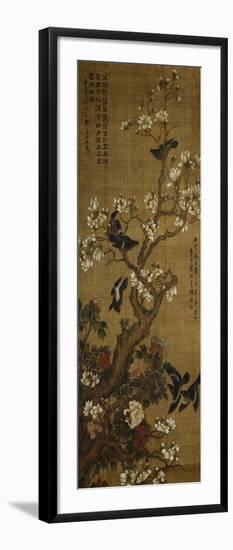 Birds in Flight and Perched on Blossoming Magnolia Branches-null-Framed Giclee Print