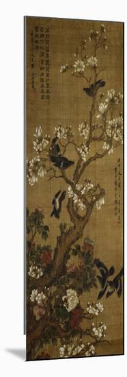 Birds in Flight and Perched on Blossoming Magnolia Branches-null-Mounted Giclee Print