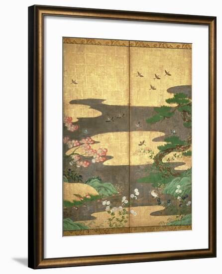 Birds with Autumn and Winter Flowers-null-Framed Premium Giclee Print
