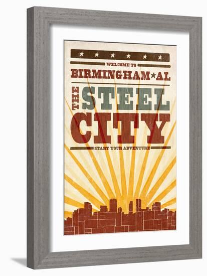 Birmingham, Alabama - Skyline and Sunburst Screenprint Style-Lantern Press-Framed Premium Giclee Print