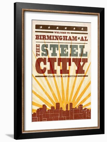 Birmingham, Alabama - Skyline and Sunburst Screenprint Style-Lantern Press-Framed Premium Giclee Print