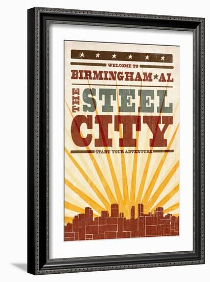 Birmingham, Alabama - Skyline and Sunburst Screenprint Style-Lantern Press-Framed Premium Giclee Print