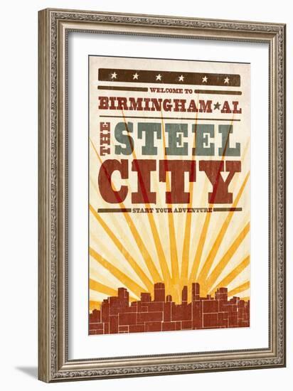 Birmingham, Alabama - Skyline and Sunburst Screenprint Style-Lantern Press-Framed Art Print