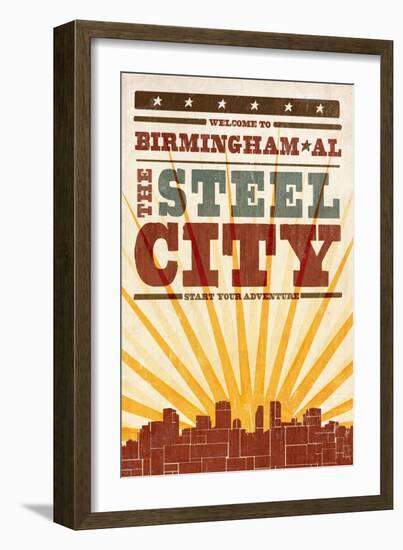 Birmingham, Alabama - Skyline and Sunburst Screenprint Style-Lantern Press-Framed Art Print