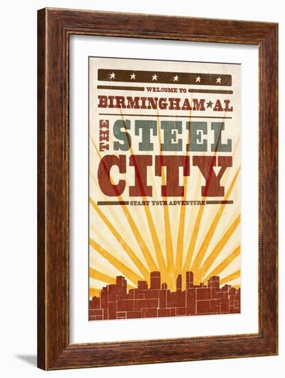 Birmingham, Alabama - Skyline and Sunburst Screenprint Style-Lantern Press-Framed Art Print