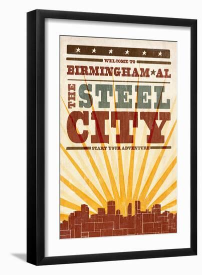 Birmingham, Alabama - Skyline and Sunburst Screenprint Style-Lantern Press-Framed Art Print