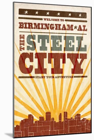 Birmingham, Alabama - Skyline and Sunburst Screenprint Style-Lantern Press-Mounted Art Print