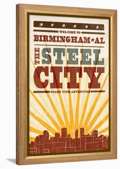 Birmingham, Alabama - Skyline and Sunburst Screenprint Style-Lantern Press-Framed Stretched Canvas