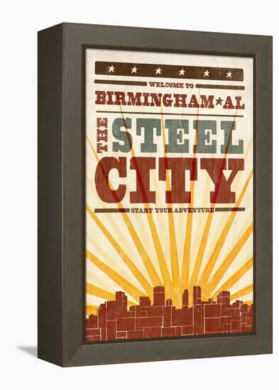 Birmingham, Alabama - Skyline and Sunburst Screenprint Style-Lantern Press-Framed Stretched Canvas