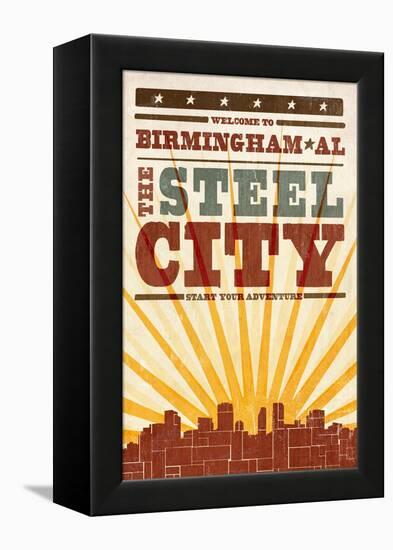 Birmingham, Alabama - Skyline and Sunburst Screenprint Style-Lantern Press-Framed Stretched Canvas