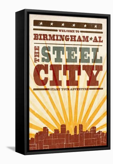 Birmingham, Alabama - Skyline and Sunburst Screenprint Style-Lantern Press-Framed Stretched Canvas