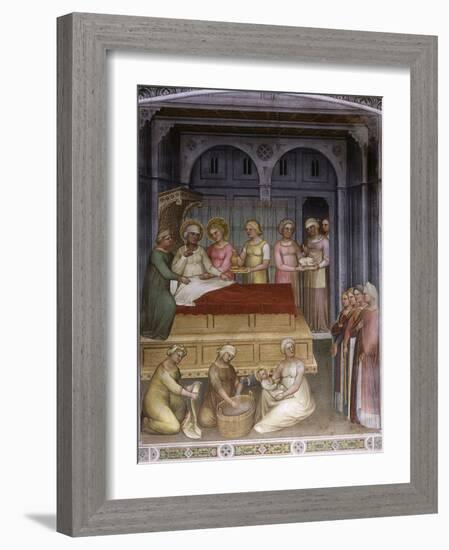 Birth of Virgin Mary to Saint Anne, Jesus baptised by John the Baptist, Dome of Paradise, fresco-Giusto De' Menabuoi-Framed Photographic Print