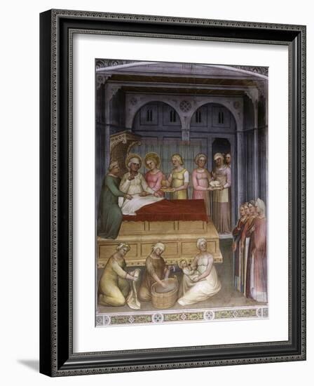 Birth of Virgin Mary to Saint Anne, Jesus baptised by John the Baptist, Dome of Paradise, fresco-Giusto De' Menabuoi-Framed Photographic Print