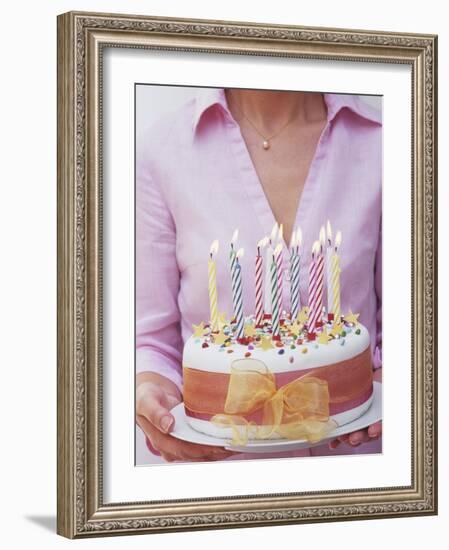 Birthday Cake with Burning Candles-Linda Burgess-Framed Photographic Print