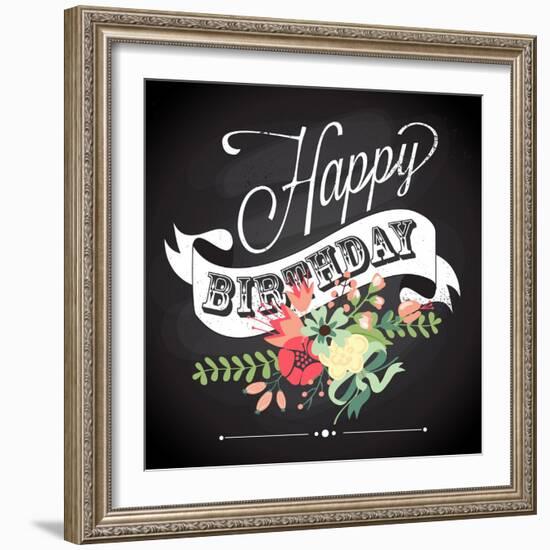 Birthday Card in Chalkboard Calligraphy Style with Cute Flowers-Alisa Foytik-Framed Art Print