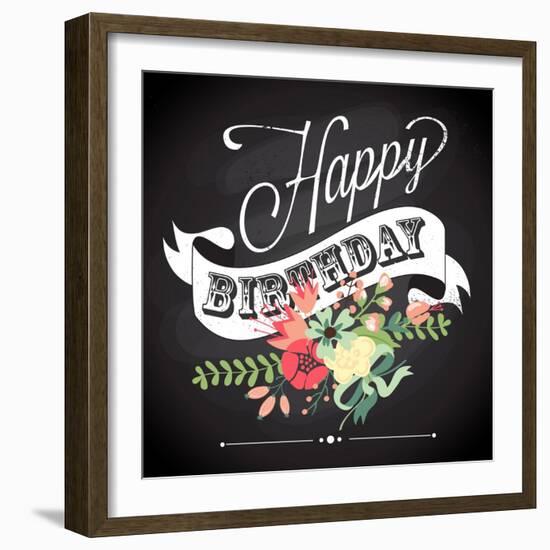 Birthday Card in Chalkboard Calligraphy Style with Cute Flowers-Alisa Foytik-Framed Art Print