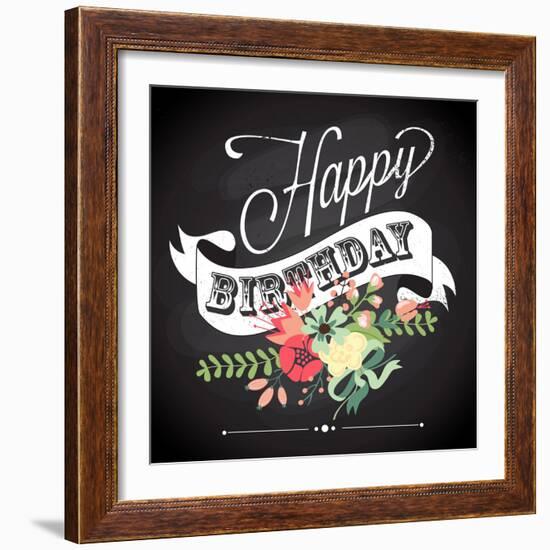 Birthday Card in Chalkboard Calligraphy Style with Cute Flowers-Alisa Foytik-Framed Art Print