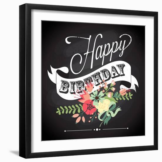 Birthday Card in Chalkboard Calligraphy Style with Cute Flowers-Alisa Foytik-Framed Art Print