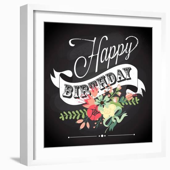 Birthday Card in Chalkboard Calligraphy Style with Cute Flowers-Alisa Foytik-Framed Art Print