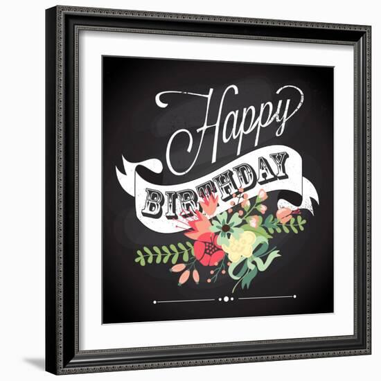 Birthday Card in Chalkboard Calligraphy Style with Cute Flowers-Alisa Foytik-Framed Art Print