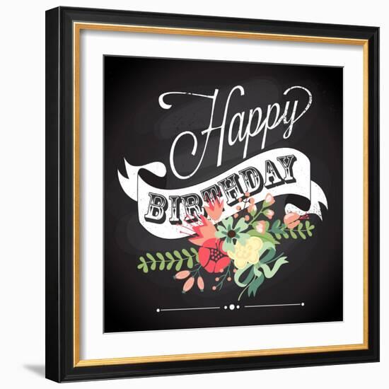 Birthday Card in Chalkboard Calligraphy Style with Cute Flowers-Alisa Foytik-Framed Art Print