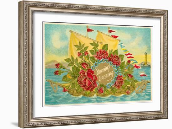 Birthday Greetings, Ship with Roses-null-Framed Art Print