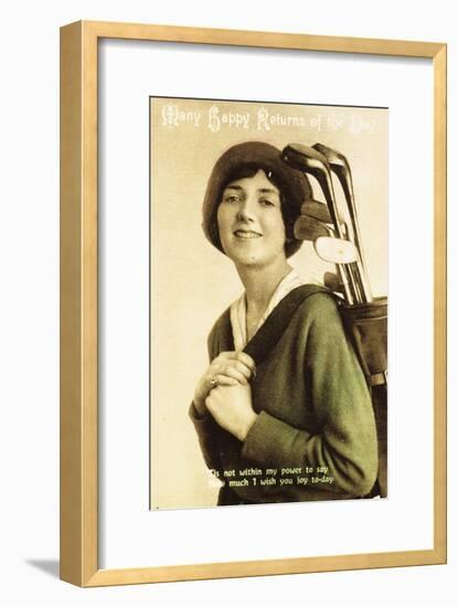 Birthday postcard with a picture of a woman golfer, c1908-Unknown-Framed Giclee Print