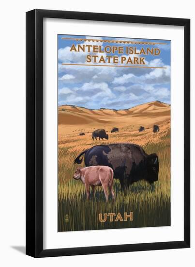 Bison and Calf Grazing - Antelope Island State Park-Lantern Press-Framed Premium Giclee Print