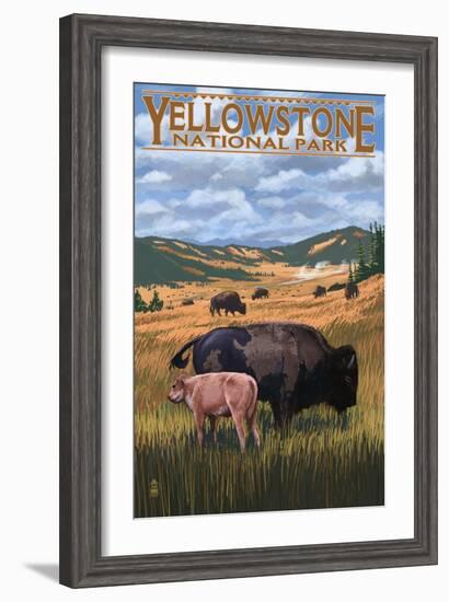 Bison and Calf Grazing - Yellowstone National Park-Lantern Press-Framed Art Print