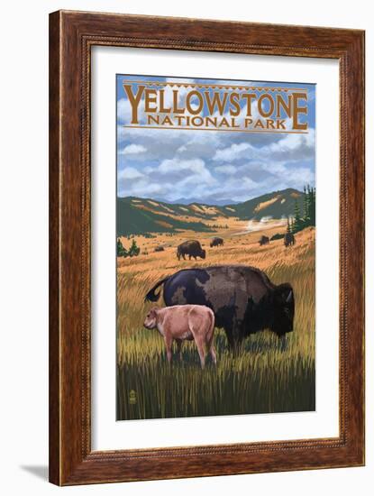 Bison and Calf Grazing - Yellowstone National Park-Lantern Press-Framed Art Print