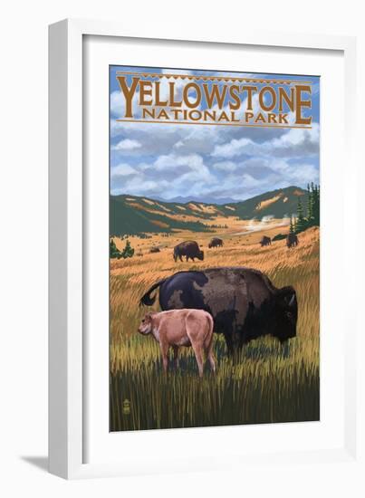 Bison and Calf Grazing - Yellowstone National Park-Lantern Press-Framed Art Print