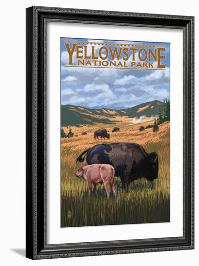 Bison and Calf Grazing - Yellowstone National Park-Lantern Press-Framed Art Print