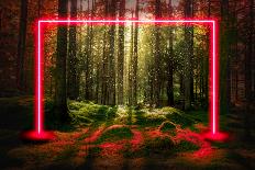 Red fluorescent neon laser lights in green magical forest landscape.-Björn Forenius-Art Print