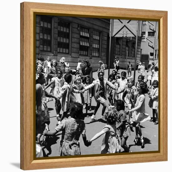 Black and White Children Playing in School Playground-Peter Stackpole-Framed Premier Image Canvas