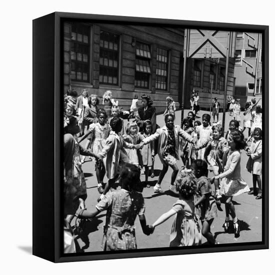 Black and White Children Playing in School Playground-Peter Stackpole-Framed Premier Image Canvas