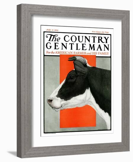 "Black and White Cow in Profile," Country Gentleman Cover, July 21, 1923-Charles Bull-Framed Giclee Print