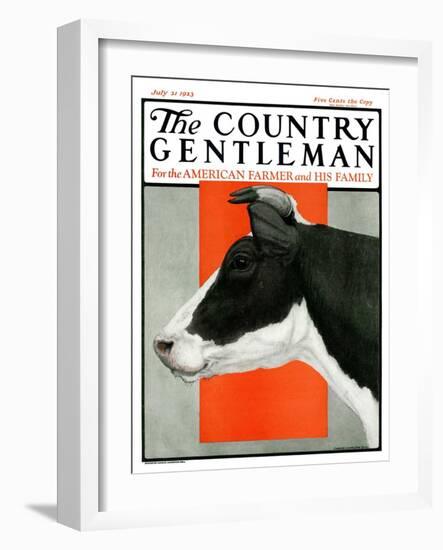 "Black and White Cow in Profile," Country Gentleman Cover, July 21, 1923-Charles Bull-Framed Giclee Print