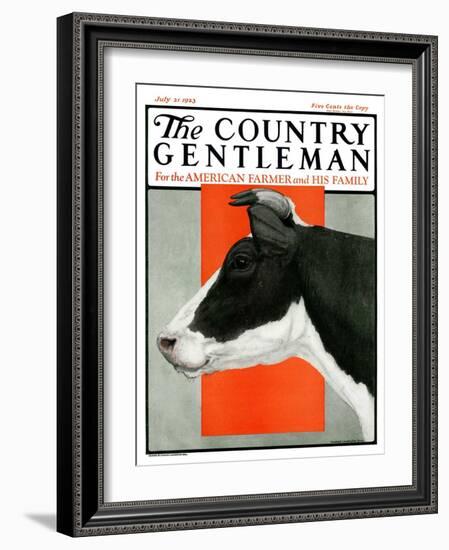 "Black and White Cow in Profile," Country Gentleman Cover, July 21, 1923-Charles Bull-Framed Giclee Print