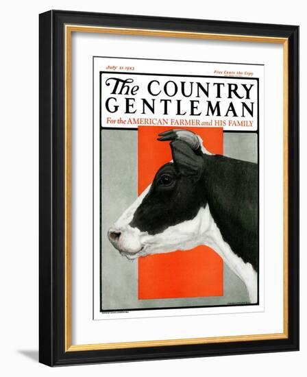 "Black and White Cow in Profile," Country Gentleman Cover, July 21, 1923-Charles Bull-Framed Giclee Print