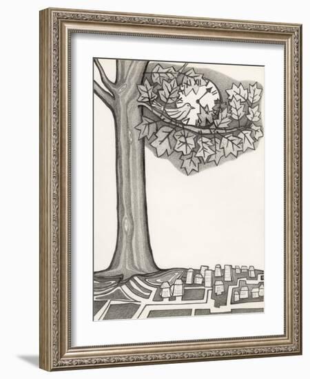 Black and White Drawing of Bird Looking at Clock on Tree Branch-Marie Bertrand-Framed Giclee Print