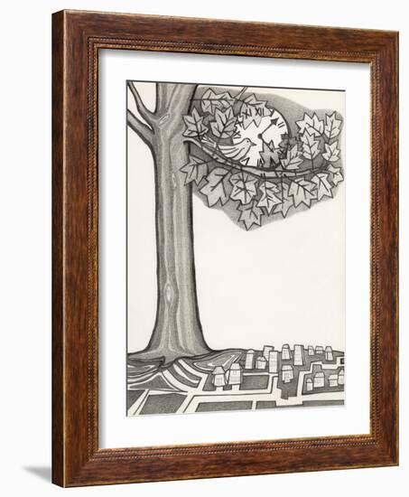 Black and White Drawing of Bird Looking at Clock on Tree Branch-Marie Bertrand-Framed Giclee Print