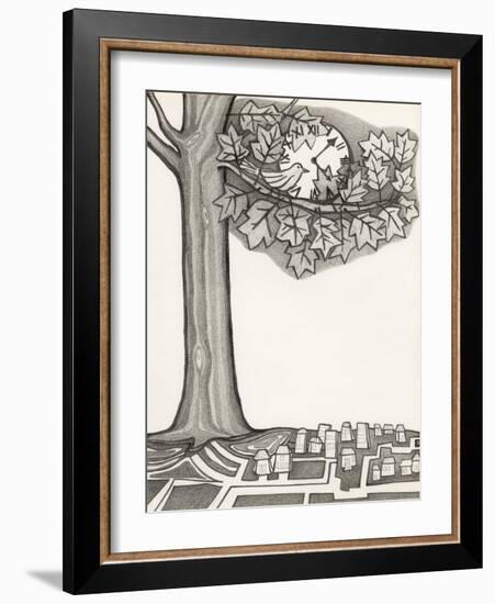 Black and White Drawing of Bird Looking at Clock on Tree Branch-Marie Bertrand-Framed Giclee Print