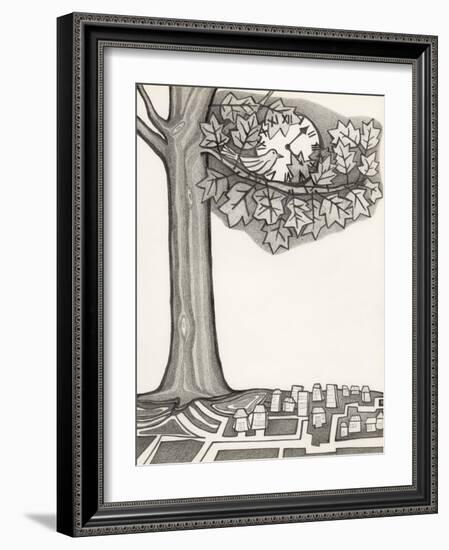 Black and White Drawing of Bird Looking at Clock on Tree Branch-Marie Bertrand-Framed Giclee Print