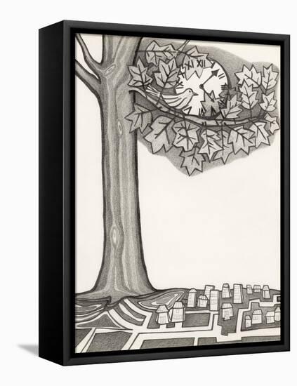 Black and White Drawing of Bird Looking at Clock on Tree Branch-Marie Bertrand-Framed Premier Image Canvas