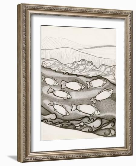 Black and White Drawing of Fish Swimming in River-Marie Bertrand-Framed Giclee Print
